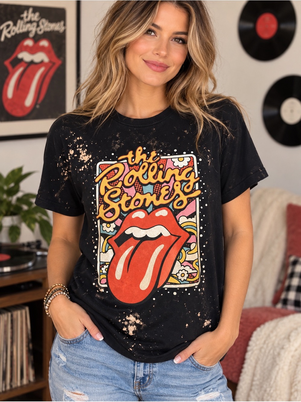 the Rolling Stones Black Tee with Red, Yellow & Cream Graphic